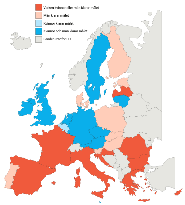 Diagram Länder i EU som klarar målet om 82 procent sysselsättning för nyligen  examinerade kvinnor och män, 2017